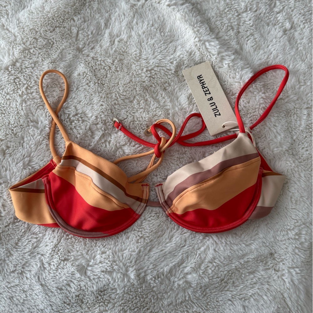 Zulu & Zephyr Red/Cream/Orange Stripe Tie Balconette Bikini Top